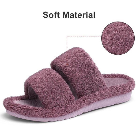 Women's Purple Fuzzy Moderate Arch Support Open Toe Cozy Bedroom Slippers  Shoes - Picture 4 of 5